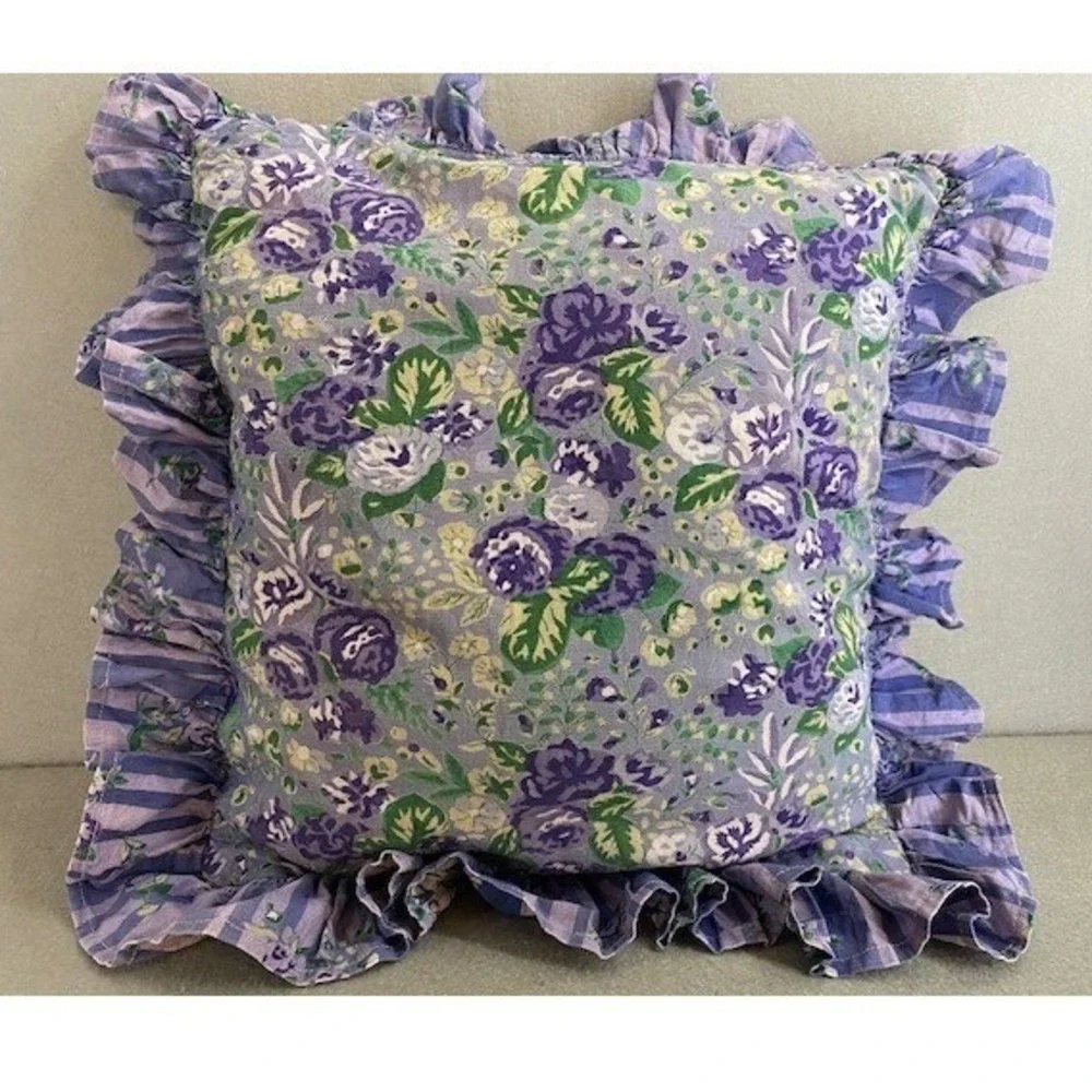 April Cornell Floral Ruffled Pillow Covers Purple‎ Green Cotton Set of 2 Vintage